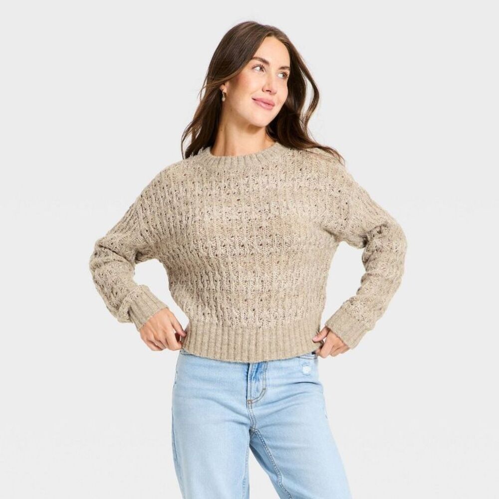 Women's Openwork Slub Crewneck Pullover Sweater - Brown Striped XL